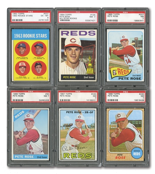PETE ROSE 1963 THROUGH 1976 TOPPS CONSECUTIVE RUN OF (15) REGULAR ISSUES (ONE ALL-STAR) - ALL PSA EX-MT 6 TO NM-MT 8